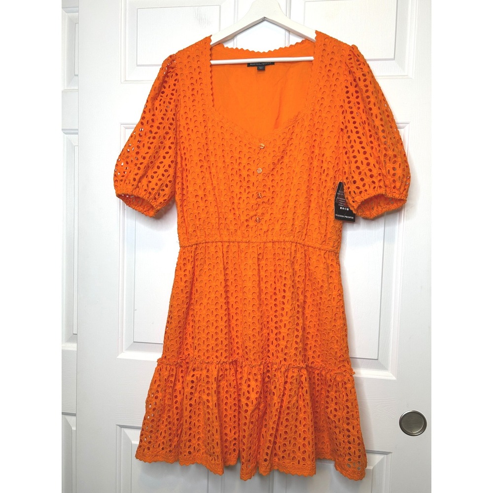 Boston Proper NWT Eyelet‎ Mini Dress Large Orange New Puff Sleeve Tiered